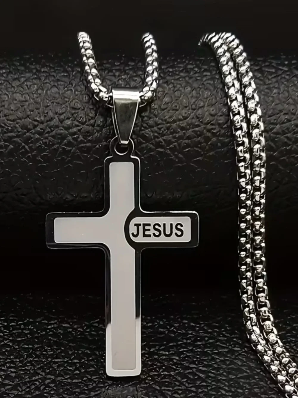 Silver Jesus Cross Pendant Necklace Men’s Christian Faith Chain Jewelry
